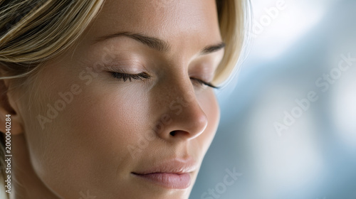 Woman meditation peaceful face closed eyes calm expression mindful breathing serene mood skin closeup natural beauty relaxation stress relief Peaceful face of woman with closed eyes calm