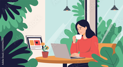 Young woman works on her laptop and drinks coffee at a sunny cafe table surrounded by lush green tropical plants.