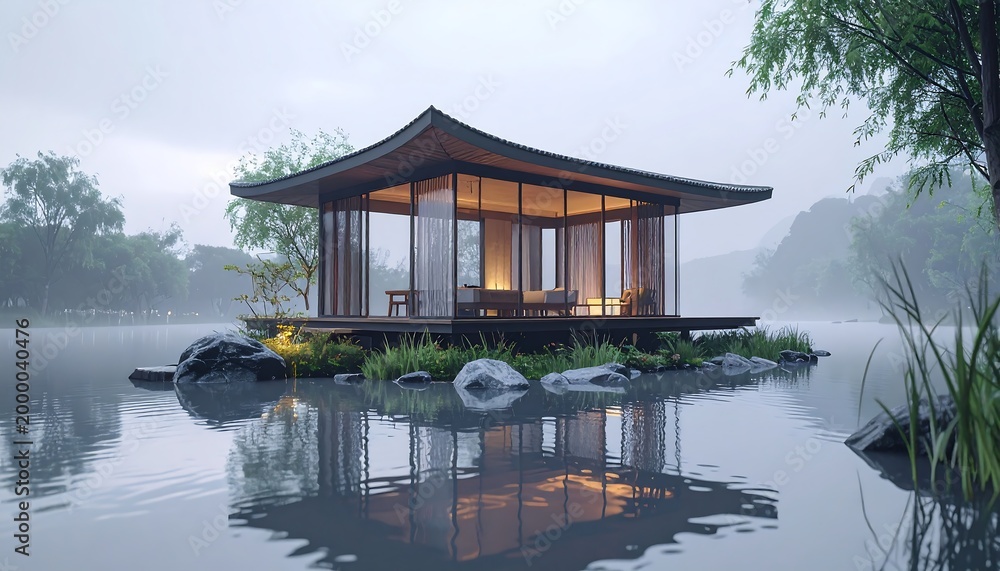 Fototapeta premium Modern Chinese pavilion in the middle of lake with morning view