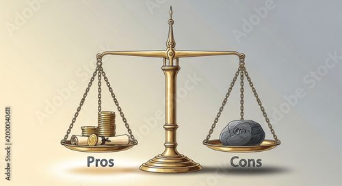 Golden balance scale weighing pros and cons with coins and rock.