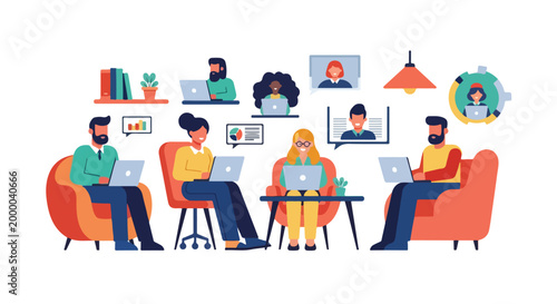 A diverse group of people work collaboratively in a modern office and remotely using laptops and video conferencing tools.