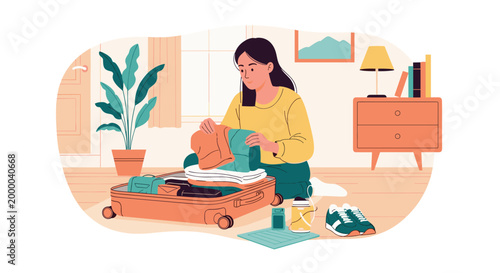 Young woman carefully packs her clothing and travel essentials into a suitcase on her bedroom floor for an upcoming trip.