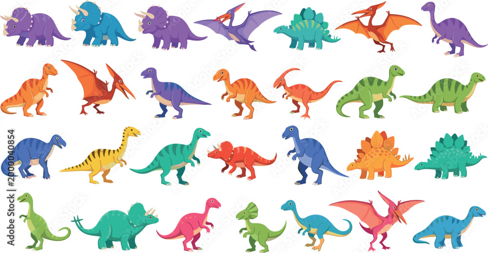 Fototapeta premium Colorful Cute Cartoon Dinosaur Collection Set with T-Rex, Triceratops, Pterodactyl, and Stegosaurus for Kids and Prehistoric Design Projects