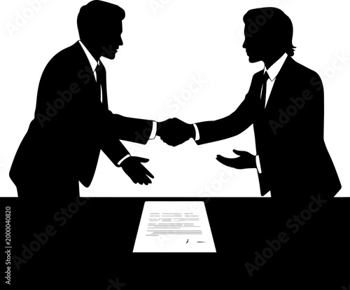 Silhouette of Two Businessmen Shaking Hands Over a Signed Contract Agreement on a Table Vector Illustration