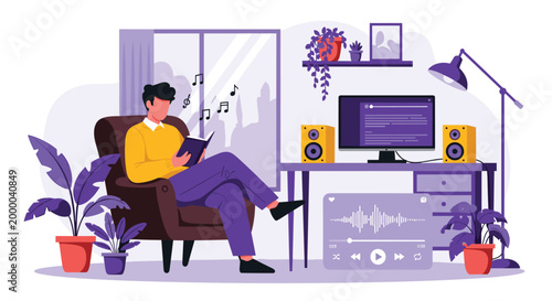 Young man relaxes in a cozy armchair while reading a book and listening to music in a purple-toned modern living room.