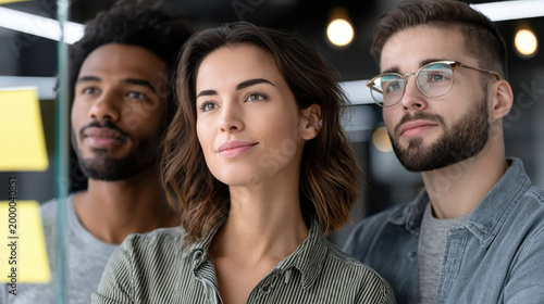 Creative team collaboration office, young professional woman focus, male colleague support, sticky note planning, modern workplace, startup concept, teamwork success