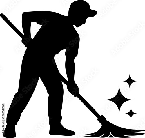 Black Silhouette of Male Janitor Mopping the Floor Professional Cleaning Service Icon