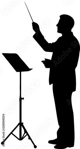 Black Silhouette of an Orchestra Conductor with Baton and Music Stand Isolated on White Background