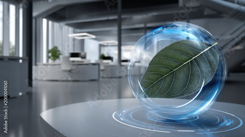 Environmental compliance concept clean future office leaf sustainability technology green innovation eco friendly energy efficiency modern workspace digital 3d render