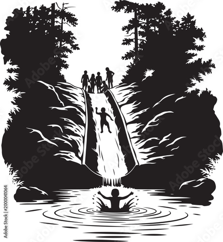 Silhouette of a person in a boat approaching a bridge with people silhouette, Generative Ai