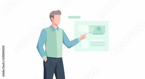 Man pointing at digital screen with financial data.