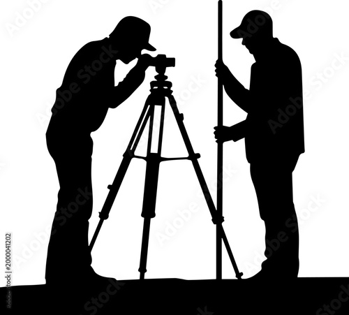 Silhouette of two land surveyors with tripod and equipment on a construction site vector illustration