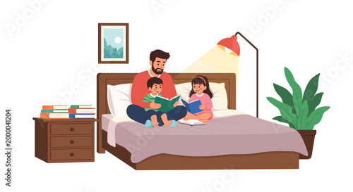 Loving father sits on a cozy bed and reads bedtime stories to his young son and daughter in a dimly lit room at night.