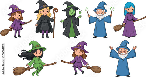 Cute Cartoon Witch and Wizard Character Set with Broomstick, Magic Wand, and Hat for Halloween and Fantasy Design Projects