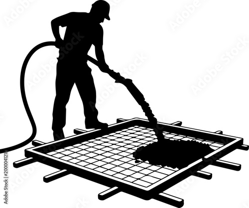 Construction Worker Silhouette Pouring Concrete into a Frame with Wire Mesh