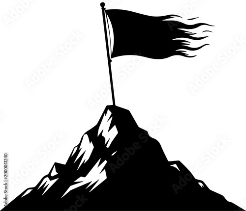 Tableau sur toile Black silhouette of a tattered flag on top of a mountain peak representing achie
