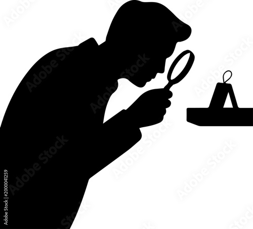 Black silhouette of a man using a magnifying glass to examine a small object, detective investigator looking for clues vector illustration