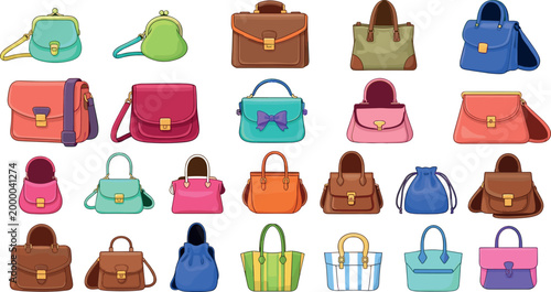 Colorful Women Fashion Handbag and Purse Collection Set with Tote, Satchel, and Clutch for Shopping and Accessories Design Projects