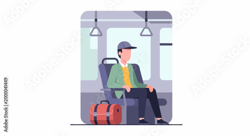 Man sitting on train with luggage.