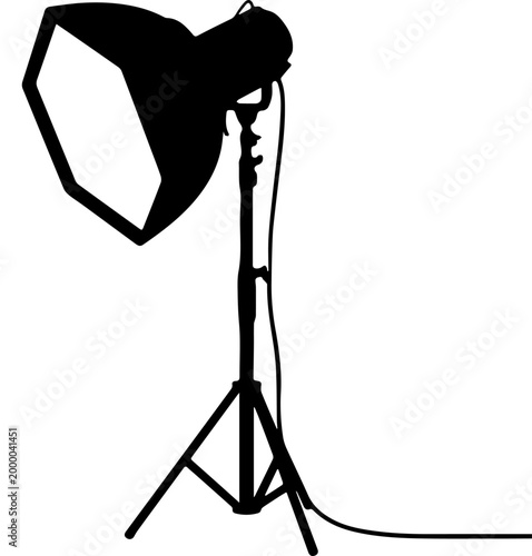 Black Silhouette of Professional Photography Studio Softbox Light on Tripod Stand Isolated on White Background