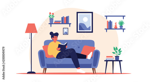 Relaxed woman lies comfortably on a blue sofa and reads an interesting book in her stylishly decorated living room.