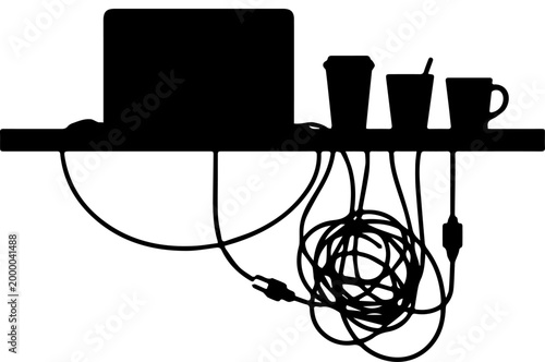 Tableau sur toile Silhouette of Workspace with Laptop Coffee Cups and Tangled Cables Illustration