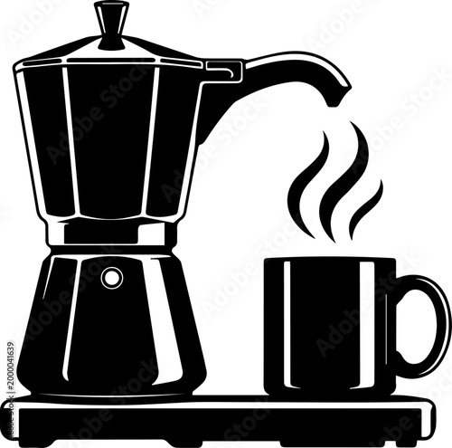 Black and White Vector Illustration of a Moka Pot Espresso Maker and Steaming Coffee Mug Icon