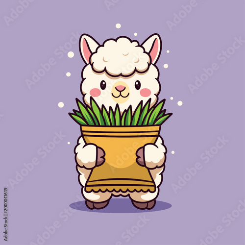 A cute alpaca mascot vector illustration featuring an adorable character holding a pack of very fresh grass snacks. 