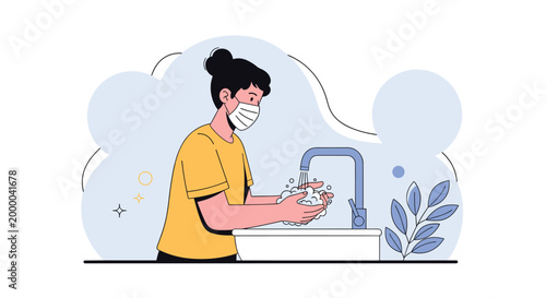 Responsible young woman wearing a protective face mask washes her hands thoroughly at a sink to maintain good hygiene.