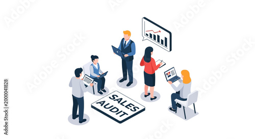 Isometric illustration of a sales audit meeting with business professionals.