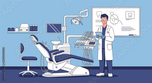 Professional dentist in a white lab coat stands in a modern dental clinic equipped with advanced medical technology.