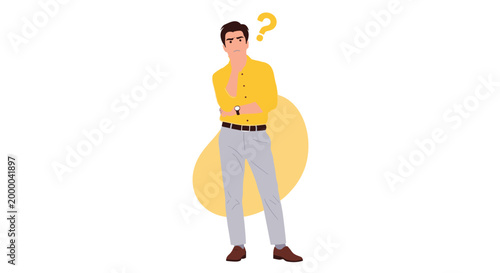 Pensive young man stands with his hand on his chin while a yellow question mark floats above his head as he thinks.