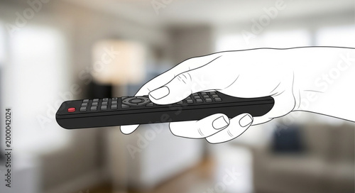 Hand holding a black television remote control for changing channels.