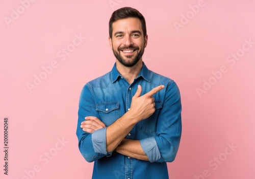 Smiling man in denim shirt pointing to side with arms crossed on pink background
