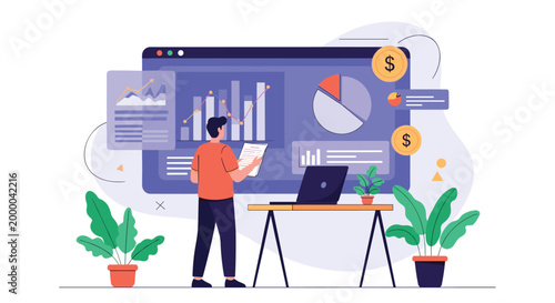 Focused man stands in front of a giant digital screen analyzing various business growth charts and financial statistics.