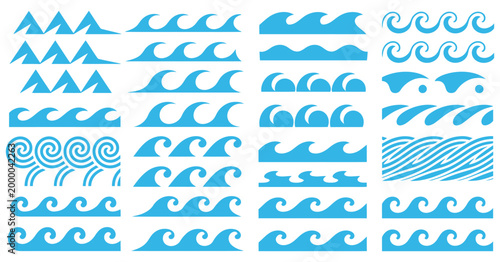 Blue wave borders and divider frames of marine line with sea wave patterns, vector wavy curls, ocean water splashes with ripples and tide surf, ocean flow with stormy waves for decorative wave borders