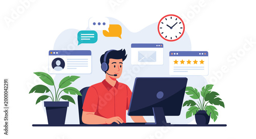 Dedicated customer support representative with a headset works at his computer to provide excellent online assistance.