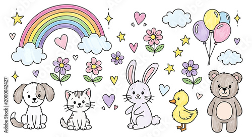 A Hand-drawn crayon cute vector illustration of a dog, cat, rabbit, duck, and teddy bear surrounded by colorful flowers, hearts, and balloons in a whimsical scene.