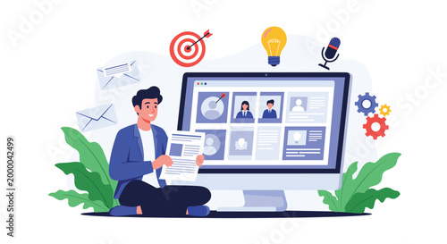 Professional recruiter sits by a large screen and reviews candidate profiles for a job opening using digital HR tools.