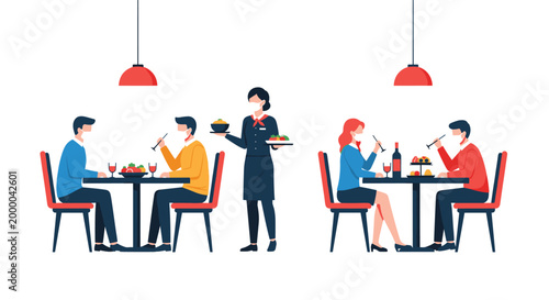 Customers and waitstaff wearing protective face masks maintain safety while dining and serving in a modern restaurant.