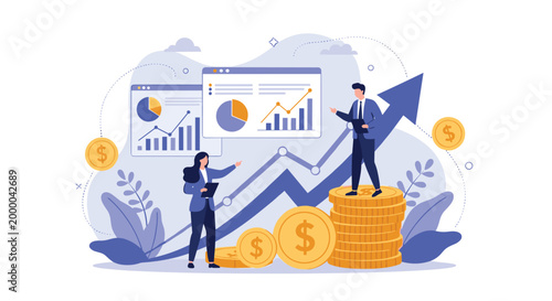 Successful business team celebrates financial growth while standing on stacks of coins and a rising performance chart.