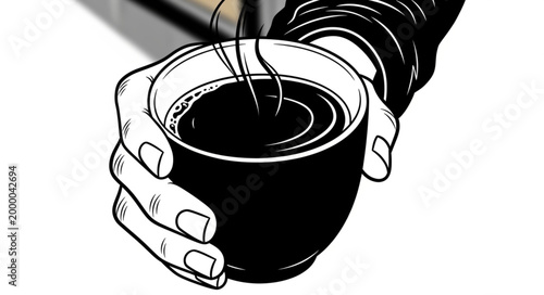 Hand holding a steaming cup of hot coffee in black and white illustration.