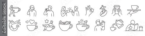 Coffee, tea and relaxation icon set – editable outline symbols of drinking, takeaway cup, cheers, enjoyment, coffee break and cozy moments