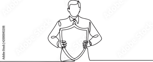 Cuadro en lienzo Continuous single one line drawing art of businessman holding shield protection security