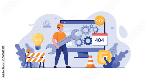 Dedicated technician in a safety helmet uses a giant wrench to fix a 404 error message on a large computer screen.