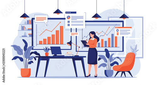 Focused corporate analyst reviews various financial performance charts on large screens in a modern, plant-filled office.