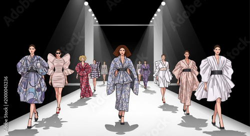 Fashion show models walking on runway with dramatic lighting.