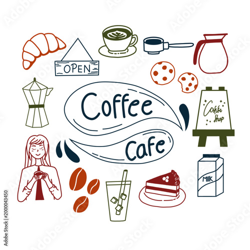 line art vector illustration of a set of coffee cafe icons.