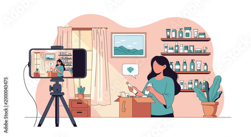 Professional product reviewer records an informative video about various beauty and skincare products in her home studio.