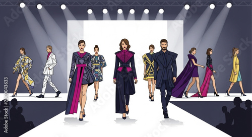 Fashion show on a runway with models displaying designer clothing.